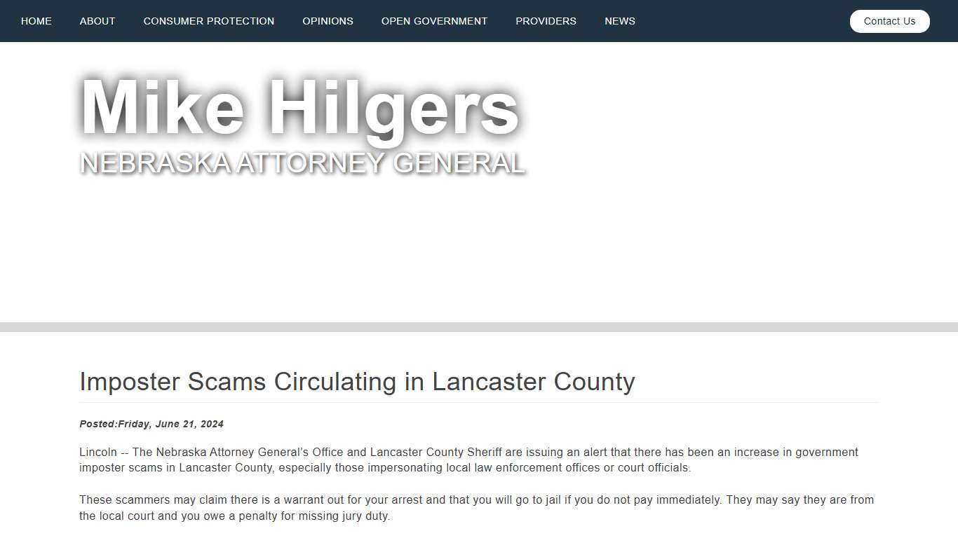 Imposter Scams Circulating in Lancaster County Nebraska Attorney General Mike Hilgers